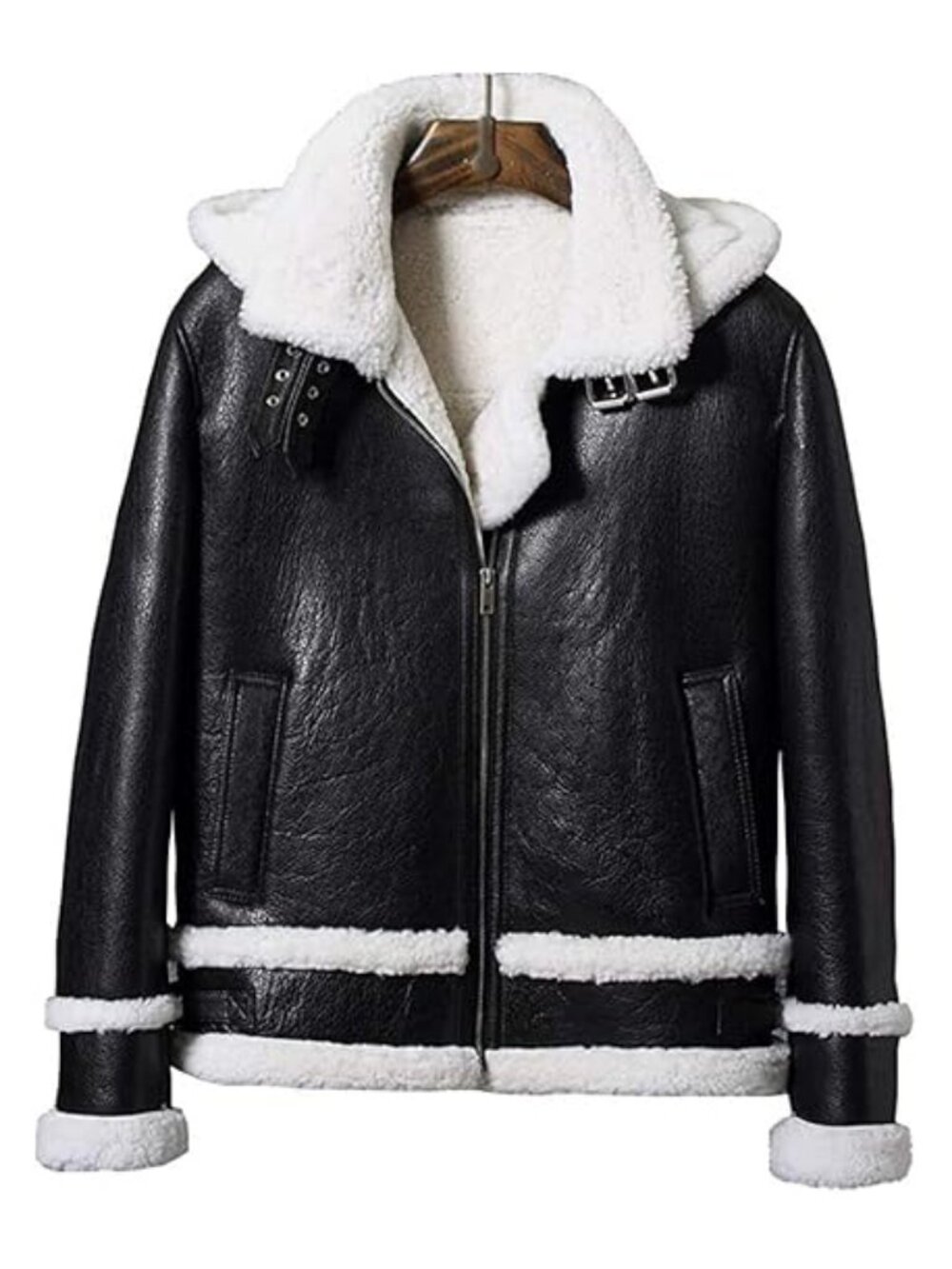 Men's Shearling Black B3 Bomber Hooded Leather Fur Jacket Winter Coat